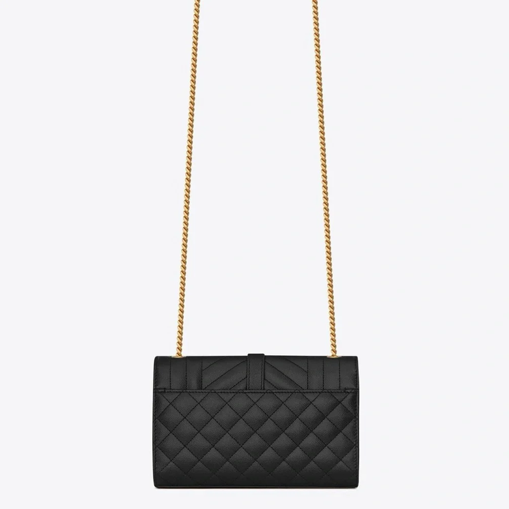 Like New Authentic YSL Envelope Tri-quilt gold on black Grain de Poudre leather